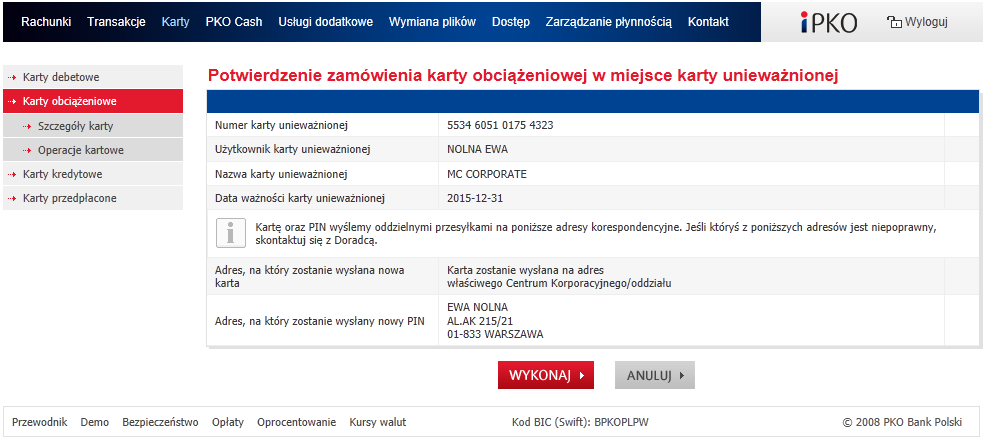 Strona prezentująca informacje o zastrzeganej karcie oraz o miejscu i adresie, na który zostanie dostarczona nowa karta oraz PIN: Strona