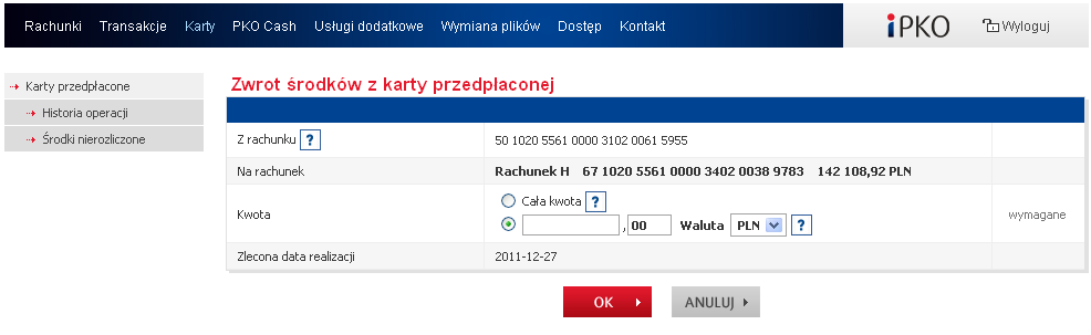 5.4.1. ZASILENIE KARTY ipko biznes Przewodnik Użytkownika (wersja 6/2014) Zasilony zostanie wskazany rachunek karty przedpłaconej. Istnieje możliwość zasilenia karty w określonym dniu. 5.4.2. ZWROT ŚRODKÓW Z KARTY Zwrot środków nastąpi z wybranego rachunku karty przedpłaconej na rachunek główny umowy.