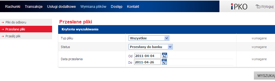 9. WYMIANA PLIKÓW ipko biznes Przewodnik Użytkownika (wersja 6/2014) W celu ułatwienia komunikacji Użytkownika z Bankiem udostępniona została usługa wymiany plików.