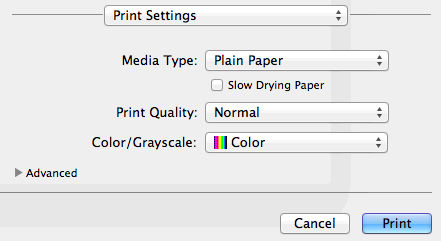 Drukowanie i faksowanie Ustawienia drukowania Można wybrać ustawienia opcji Media Type (Typ nośnika), Slow Drying Paper (Papier wolnoschnący), Print Quality (Jakość druku) oraz Color/Grayscale