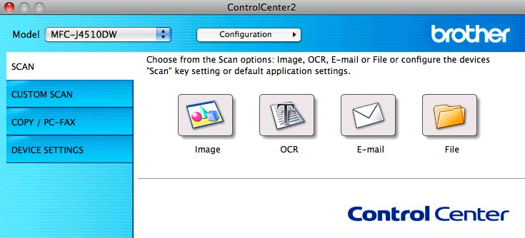 ControlCenter2 SKANOWANIE Dostępne są cztery przyciski, uruchamiające funkcje Scan to Image (Skanowanie do obrazu), Scan to OCR (Skanowanie do OCR), Scan to E-mail (Skanowanie do E-mail) i Scan to