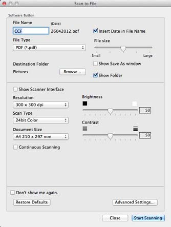 ControlCenter2 Plik Przycisk Scan to File (Skanowanie do pliku) umożliwia skanowanie obrazu do folderu na twardym dysku w obsługiwanym formacie pliku.