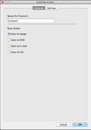 ControlCenter2 Skanowanie do obrazu/ocr/e-mail/pliku Karta General (Ogólne) Wprowadź nazwę w polu Name for Custom (Nazwa niestandardowego przycisku) (maksymalnie 30 znaków), aby utworzyć nazwę