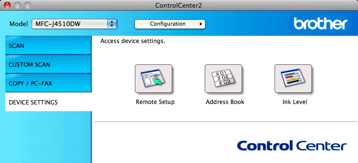 ControlCenter2 USTAWIENIA URZĄDZENIA Można skonfigurować ustawienia urządzenia lub sprawdzić poziom atramentu, klikając przycisk.