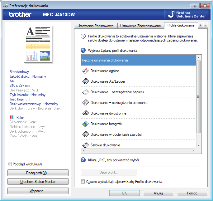 Drukowanie Karta Profile drukowania Profile drukowania to wstępnie zdefiniowane ustawienia z możliwością modyfikacji zapewniające szybki dostęp do często używanych konfiguracji drukowania.