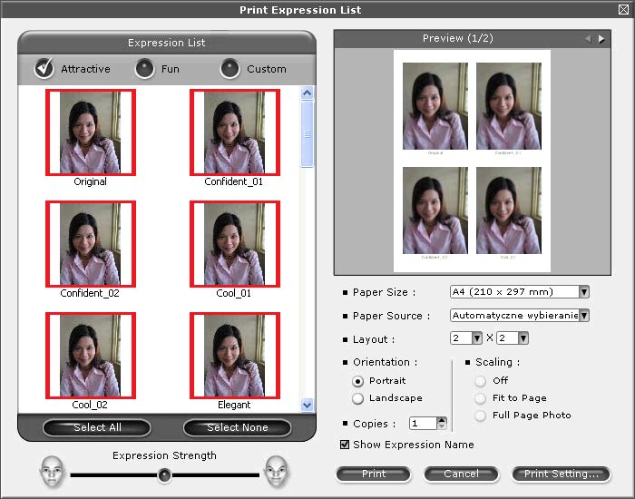 Drukowanie Lista wyrazów twarzy Aplikacja FaceFilter Studio umożliwia zmianę wyrazu twarzy poprzez zastosowanie szablonu lub ręczną regulację.