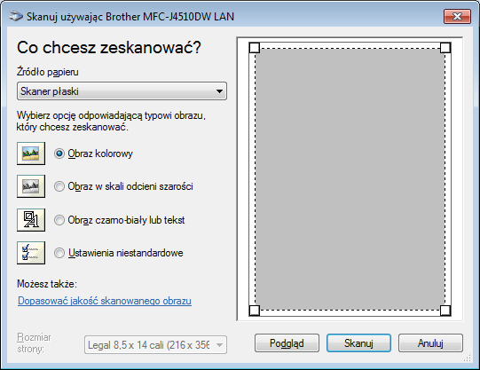 Skanowanie h W razie potrzeby w oknie dialogowym Ustawienia skanera możesz wybrać następujące ustawienia: 1 2 2 3 4 5 6 1 Źródło papieru 2 Typ obrazu 3 Dopasować jakość skanowanego obrazu 4 Rozmiar