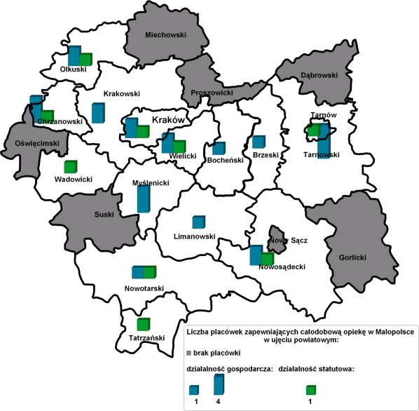 Mapa 7: Placówki zapewniające całodobową opiekę osobom niepełnosprawnym, przewlekle chorym lub osobom w podeszłym wieku w Małopolsce w 2013 r.