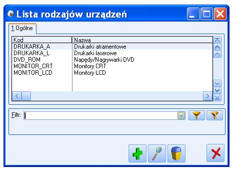 Podręcznik Użytkownika systemu CDN OPT!MA Str. 9 Rys.2 Lista rodzajów urządzeń Na liście znajdują się pola umożliwiające filtrowanie rodzajów urządzeń wg warunków zadanych przez Użytkownika.