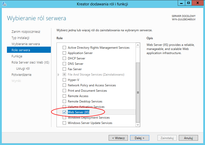 Przy wyborze roli zaznaczamy Web Server (IIS)