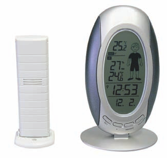 produkty z wyświetlaczem LCD zasilanie: 2 AA 1,5V (termometr), 2 x AA 1,5V (czujnik) zegar sterowany sygnałem DCF pomiar temp. wew. i zew.