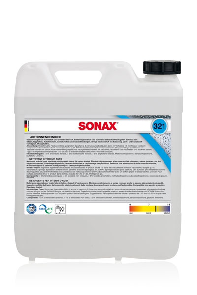 SONAX Do czyszczenia wnętrza samochodu 10l Symbol KTM: SC-S321605 Symbol EAN: 4064700503199 Waga: 10.4kg Pojemność: 10l Ilość produktów w opakowaniu zbiorczym: 1 szt.