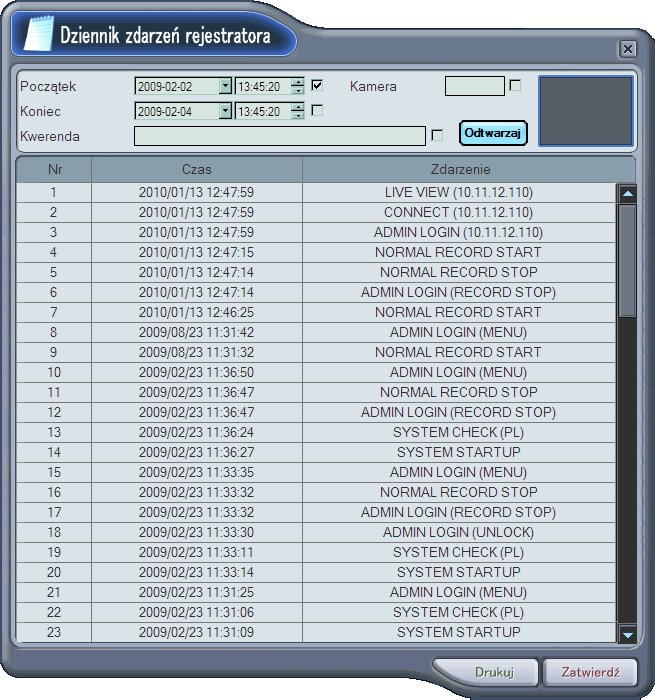 3.6.2. REJESTRATOR Dziennik zdarzeń rejestratora jest dostępny po kliknięciu prawym przyciskiem myszy na ikonę rejestratora w oknie głównym i wybraniu pozycji Dziennik zdarzeń rejestratora.
