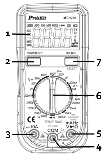 DANE TECHNICZNE Napięcie maksymalne pomiędzy gniazdem, a uziemieniem CATIII 600V Zasilanie baterie 1,5V AAA x 2 (nie są na wyposażeniu) Wyświetlacz LCD 3½ cyfry, max wskazanie 1999 Wybór zakresu