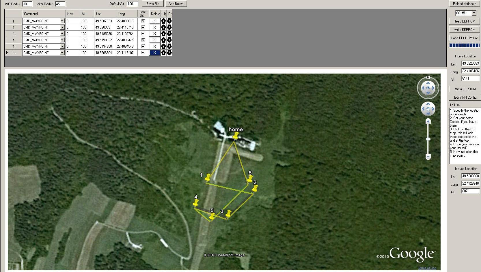 Rys. 1. Zrzut ekranu z stacji naziemnej Planowanie trasy przelotu odbywa się na podstawie planera misji ArdupilotMegaPlanner. Program przepisuje długośd, szerokośd oraz wysokośd z Google Earth.