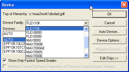 Wpływ wyboru struktury układu Wybór rodziny układów FEX10K Analiza pliku raportu po kompilacji ** EVICE SUMMARY ** Chip/ Input Output Bidir Memory Memory Cs POF evice Pins Pins Pins Bits % Utilized