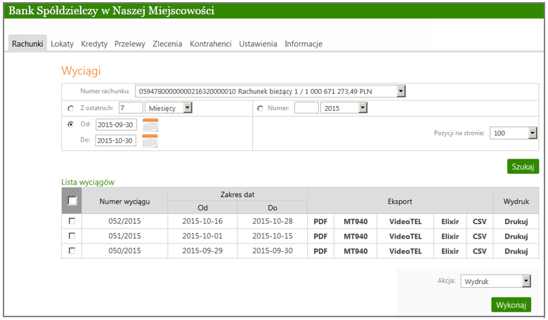 Rys. 9 Okno Wyciągi Okno Wyciągi pokazuje Listę wyciągów w postaci tabeli z danymi: Numer rachunku z rozwijanej listy można wybrać rachunek z dostępnych dla klienta rachunków, Z ostatnich wybór