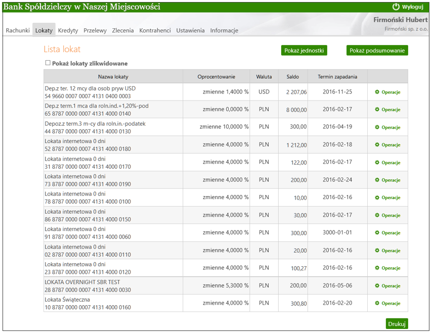 przeglądanie historii operacji wykonanych na lokatach dostępnych przez Internet Banking, zmianę nazwy rachunku lokaty, przeglądanie lokat zlikwidowanych. 7.1. Lista lokat Okno Lista lokat (Rys.