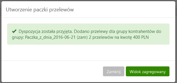 przy zmianie globalnej (zaznaczenie kwadratem kilku kontrahentów) - przycisku Modyfikuj znajdującego się w prawym dolnym rogu Kolejnym krokiem jest utworzenie paczki przelewów.