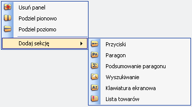 sekcja paragonu wybiera akcję wstawienia sekcji paragonu. Po kliknięciu na panel wstawia w niego sekcję paragonu, sekcja podsumowania paragonu wybiera akcję wstawienia sekcji podsumowania paragonu.