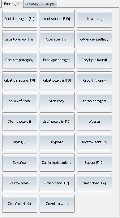 Rys. Przyciski funkcyjne. Zakładka Towary z tego poziomu Użytkownik definiuje przyciski identyfikujące poszczególne towary.