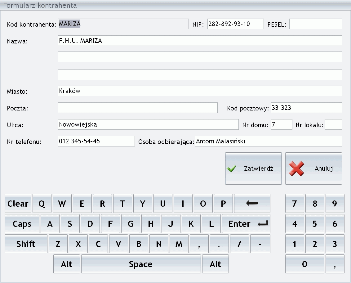 Poczta, Miasto, Ulica, Nr telefonu program dopuszcza wprowadzenie 40 znaków w każdym z pól, w polu Nr telefonu dopuszczalne jest wpisanie 20 znaków.