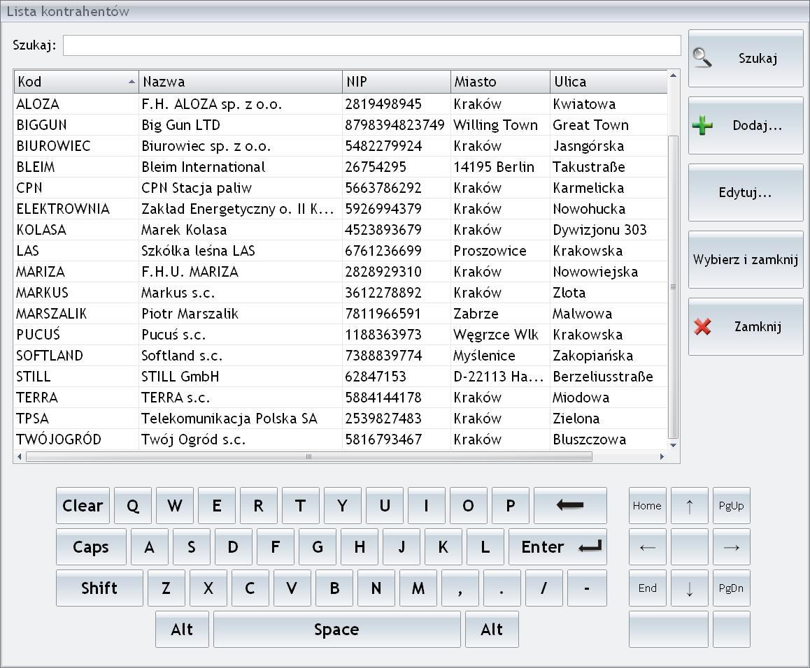 Rys. Lista kontrahentów. Standardowo lista składa się z kolumn Kod, Nazwa, Pesel, NIP, EAN, Miasto, Ulica, Miasto, Kraj, Telefon, Uwagi.