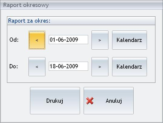 Rys. Raport fiskalny. Raport okresowy wykonywany jest w przedziale czasowym zdefiniowanym przez Użytkownika: Rys. Raport okresowy. Funkcja jest dostępna jest tylko w przypadku, gdy w konfiguracji Detal została zdefiniowana drukarka fiskalna.