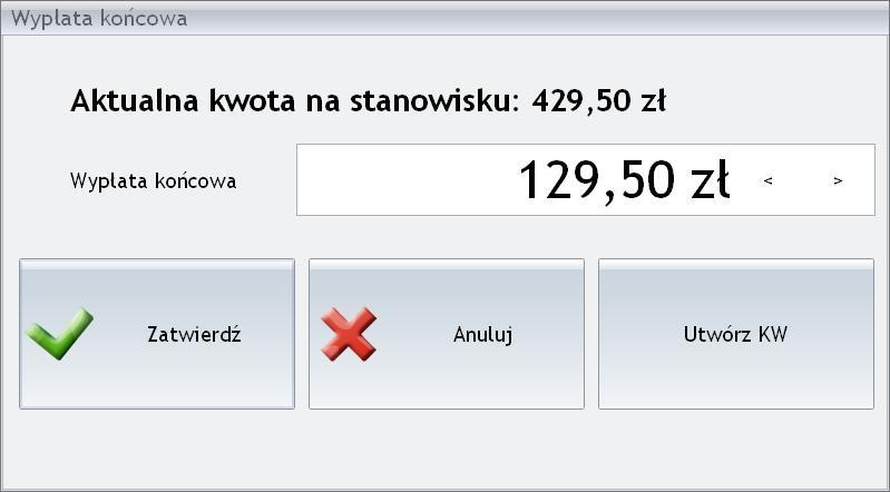 Rys. Wypłata końcowa. Z poziomu okna możliwe jest również wygenerowanie dokumentu KW na kwotę wprowadzoną w polu Wypłata końcowa, z opisem Wypłata przy zakończeniu zmiany.