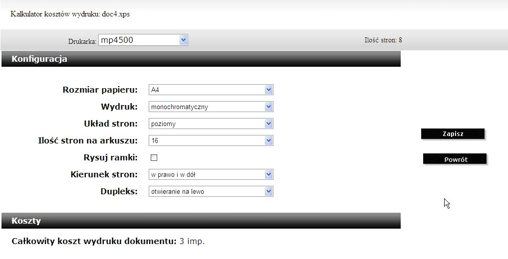 Rysunek IV.6 Wstępne obliczanie kosztów wydruku dla dokumentu Po wskazaniu drukarki, na której ma zostać wydrukowany dokument należy określić parametry wydruku tj.