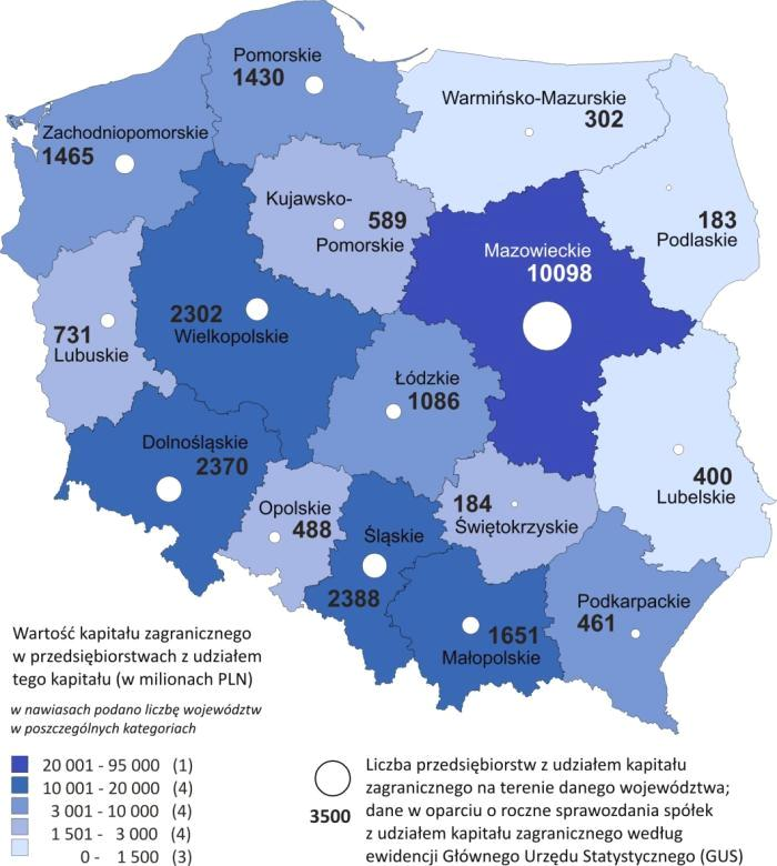 Liczba przedsiębiorstw z udziałem kapitału zagranicznego i natężenie tego kapitału w Polsce w podziale na województwa (stan na koniec 2013 roku)