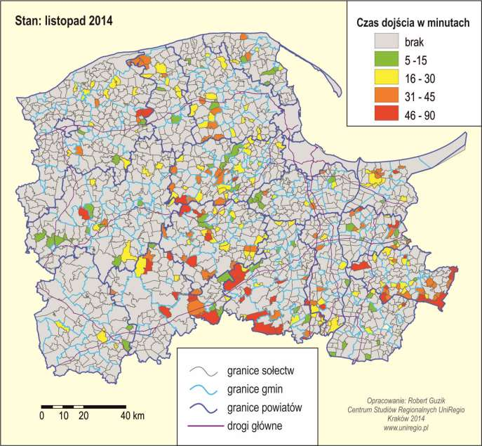 Czas dojścia pieszego z miejscowości wiejskich do najbliższego przystanku komunikacji publicznej