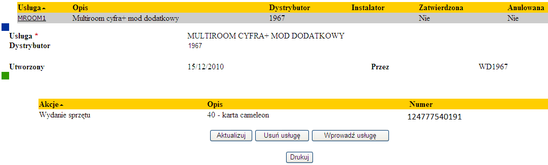 USŁUGI PO ZAREJESTROWANIU WYDANIA KARTY DO OPCJI MULTIROOM DRUKUJE SIĘ FORMULARZ WYDANIA KARTY ORAZ ANEKS DOTYCZĄCY