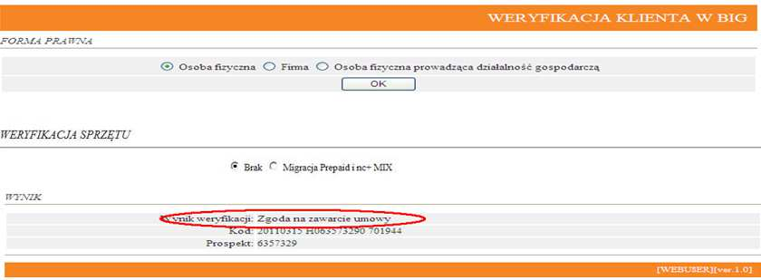 ON-LINE - WERYFIKACJA BIG W przypadku weryfikacji pozytywnej pojawi się