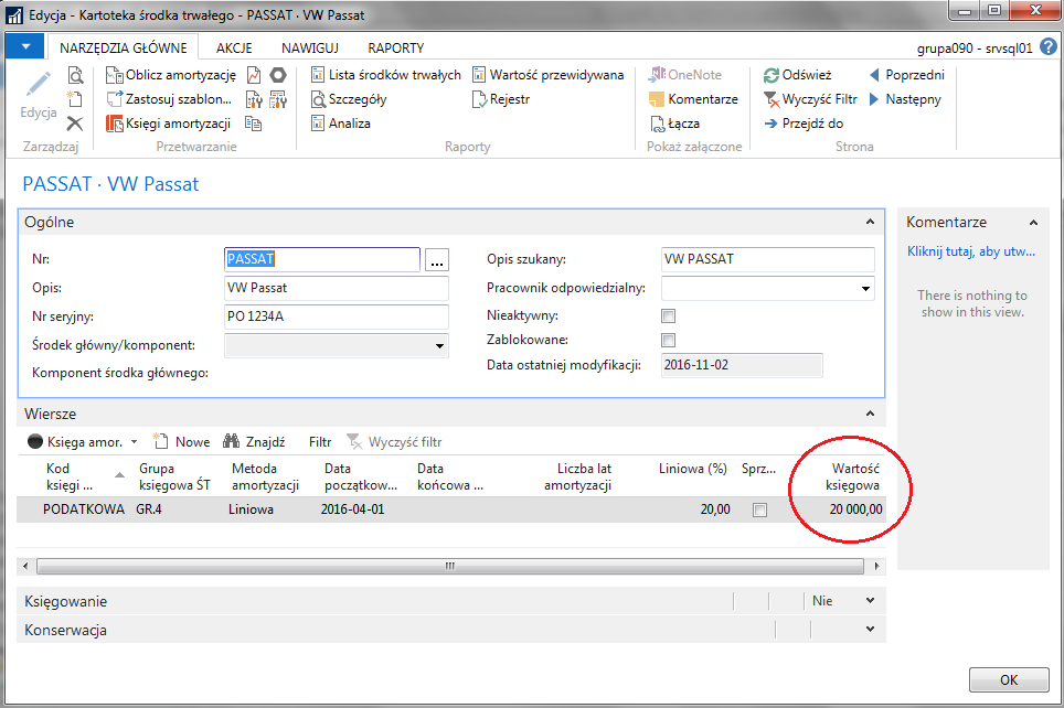 Po zaksięgowaniu faktury zakupu przechodzimy do kartoteki środka trwałego i sprawdzamy, czy