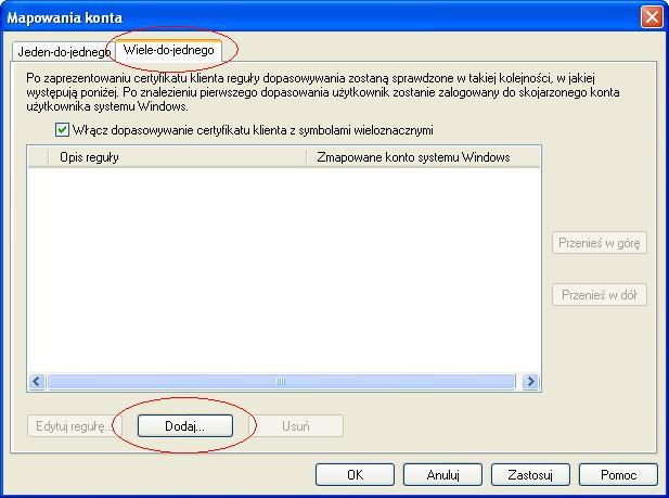 Zaznaczamy opcję Wymagaj certyfikatów klienta, Włącz mapowanie certyfikatów klienta i wskazujemy opcję Edytuj: Przechodzimy do zakładki