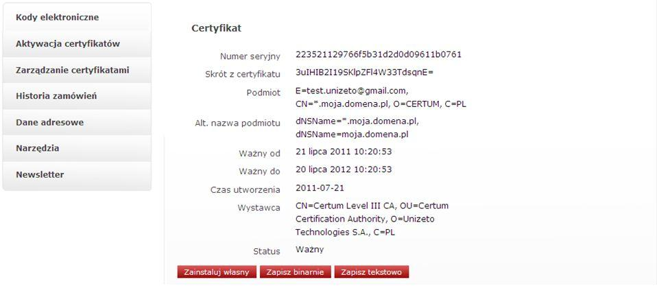 Po kliknięciu na link instalacyjny, na ekranie pojawi się strona WWW. Korzystając z przycisku Zapisz tekstowo zapisujemy certyfikat w postaci tekstowej *.pem 6.3.