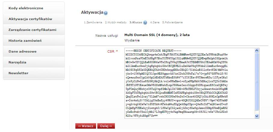 Wklejamy żądanie CSR, przechodzimy do kolejnego kroku przyciskiem Dalej.