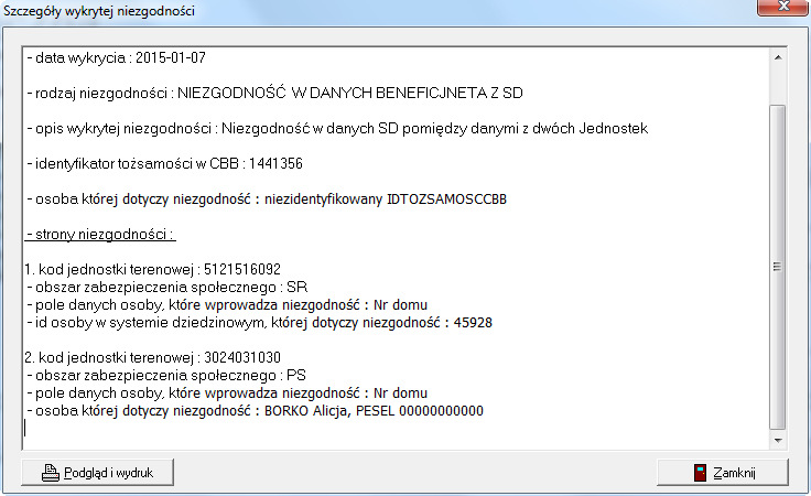 Po otrzymaniu odpowiedzi z bazy centralnej system poinformuje użytkownika komunikatem o treści: Centralna Baza Beneficjentów zwróciła nowe, wykryte niezgodności danych podając ilość rekordów jakie