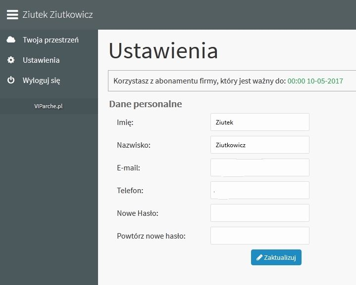 3. Aktualizacja danych konta. Użytkownik posiada możliwość zmiany hasła, poprawienia swojego imienia i nazwiska. 3a. Aktualizacja danych prywatnego.