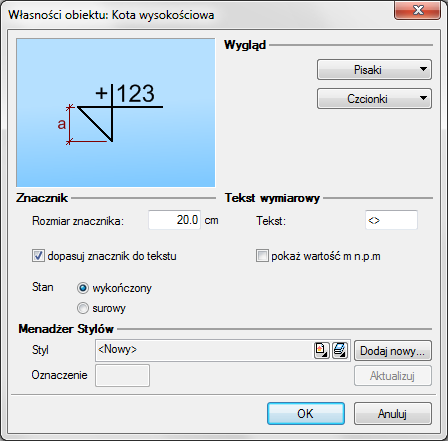 Narzędzia projektu Przy wprowadzaniu okna mamy możliwość definicji następujących parametrów: Wyglądu ustawienia czcionki i pisaków rysujących symbol koty wysokościowej.