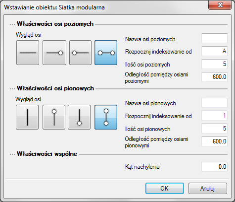 Narzędzia projektu OSIE MODULARNE Wprowadzanie osi modularnych Program ArCADia umożliwia wstawianie do projektu osi modularnych.