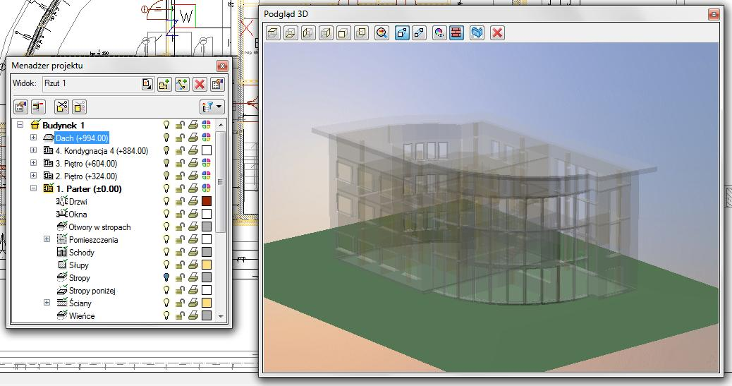 Podstawy działania programu Nowymi funkcjami w Podglądzie 3D jest możliwość kasowania zaznaczonego elementu zaznaczony element oraz przeszklenia elementów architektonicznych Włącz przezroczystość