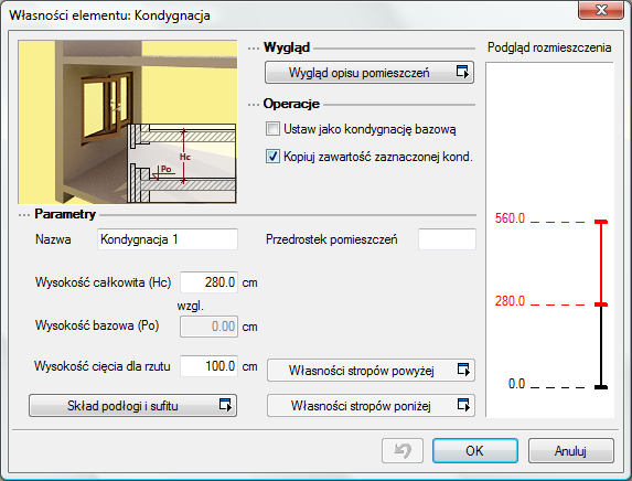 Kondygnacje Operacje przy zadawaniu kolejnej kondygnacji uaktywnia się pole, które pozwala na kopiowanie zawartości aktualnej kondygnacji i zmianę kondygnacji bazowej.