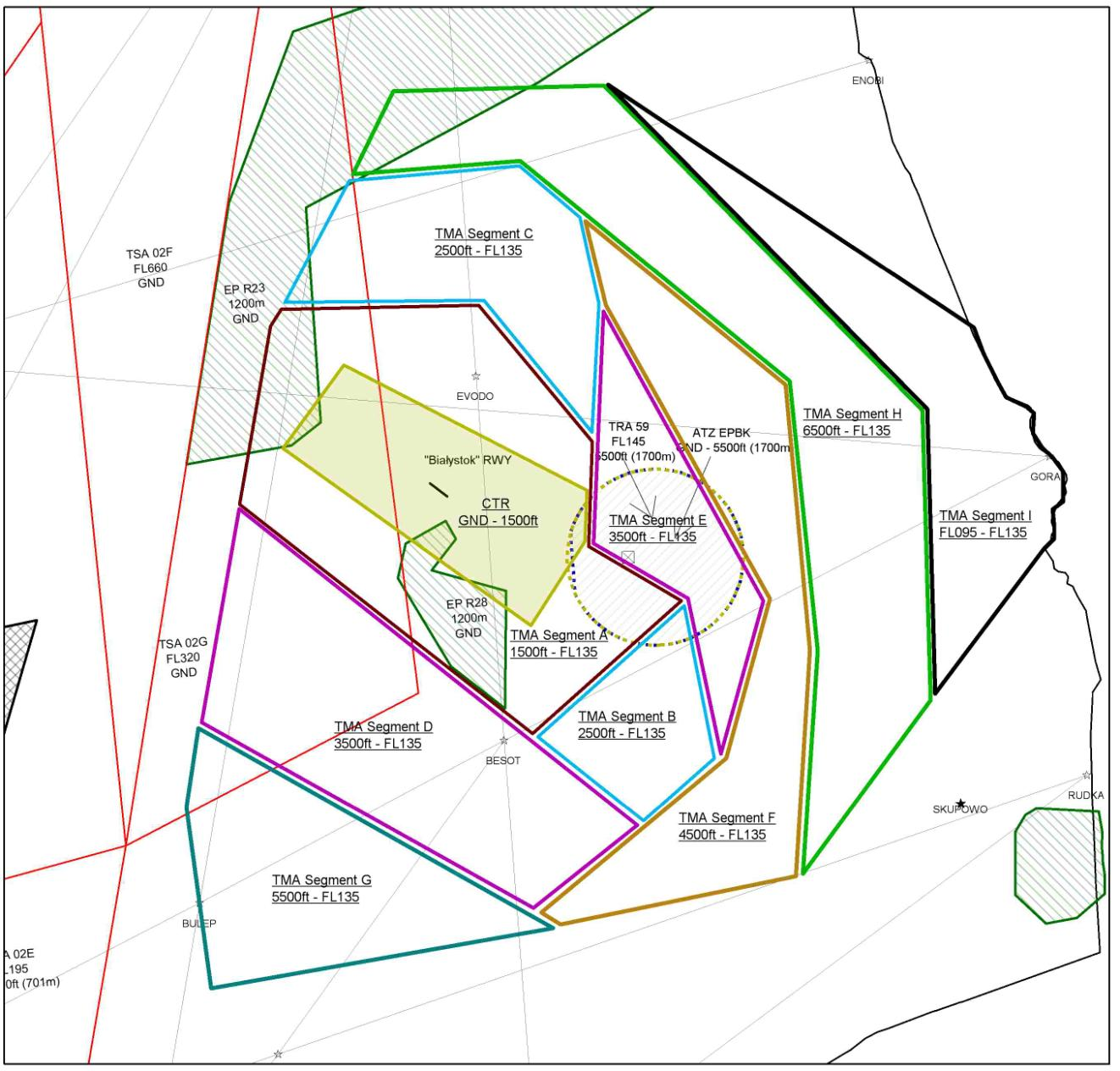 SEGMENT I 1. 52 56'17"N 023 40'01"E 2. 53 13'59"N 023 41'02"E 3. 53 34'59"N 023 10'25"E 4. 53 19'03"N 023 46'21"E 5. Dalej wzdłuż granicy FIR-u do punktu: 6.