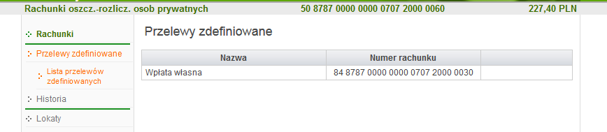 Z założonego rachunku jedyną operacją którą możesz wykonać jest przelew środków na rachunek rozliczeniowy z nim powiązany, czyli Przelew zdefiniowany, opcja dostępna w menu bocznym.