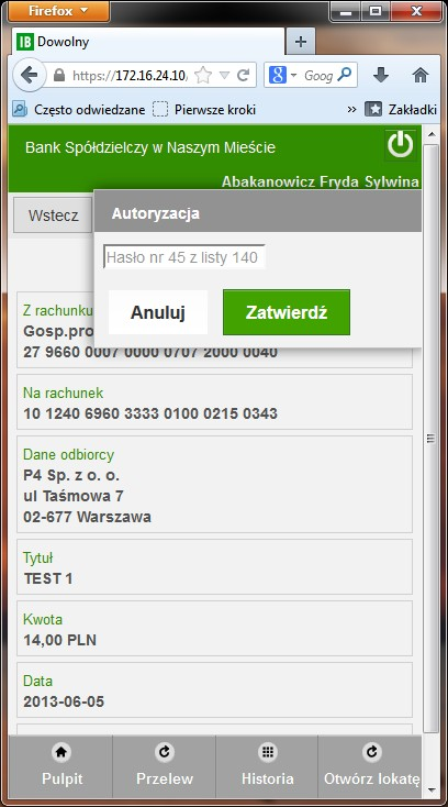 Wypełniony formularz przelewu możesz dodać do Koszyka, który domyślnie ustawiony jest na NIE - taki przelew wymaga zatwierdzenia przez podanie hasła jednorazowego i trafia na listę przelewów