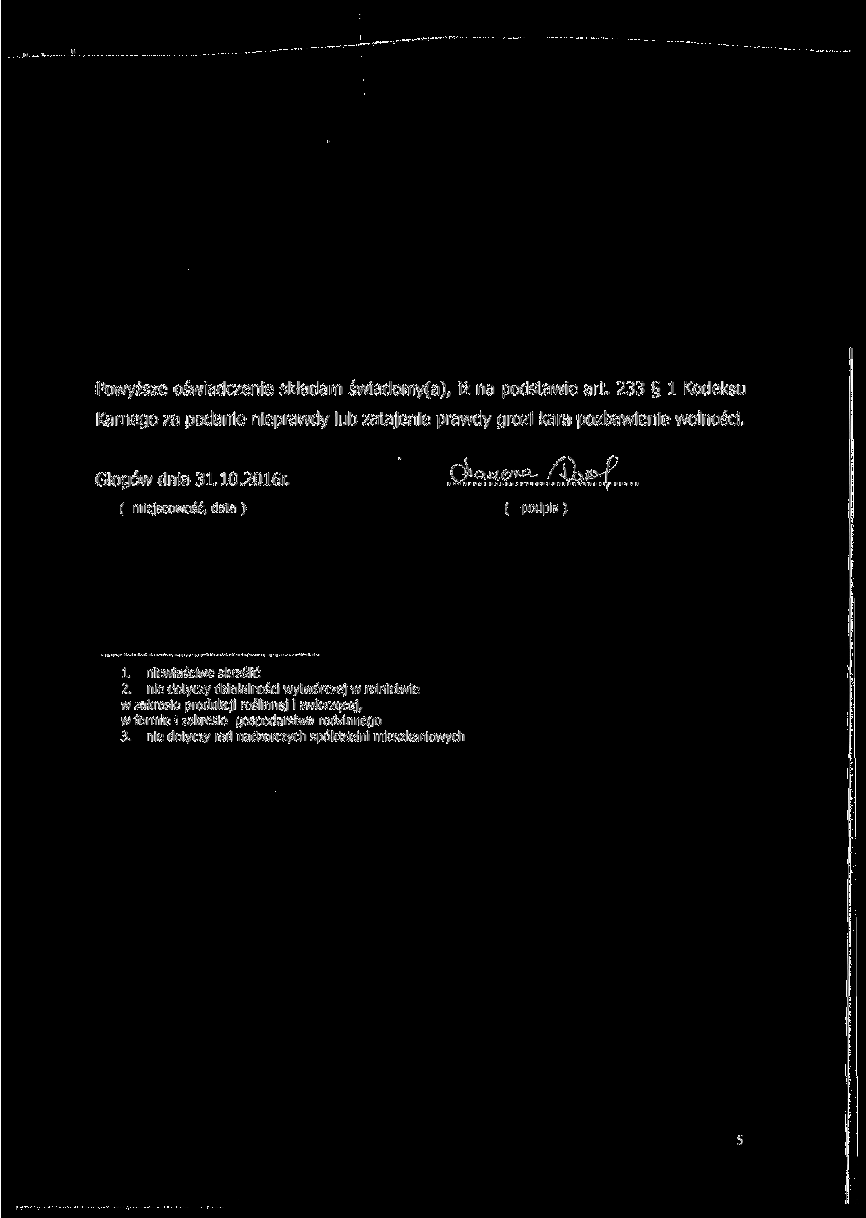 Powyższe oświadczenie składam świadomy(a), iż na podstawie art 233 l Kodeksu Karnego za podanie nieprawdy lub zatajenie prawdy grozi kara pozbawienie wolności. Głogów dnia 31.10.2016r.