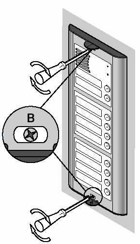 Odkręcić górną śrubę A uchwytu i otworzyć panel. Wykonać połączenia do płyty z zaciskami według schematu połączeniowego (rys. 8).