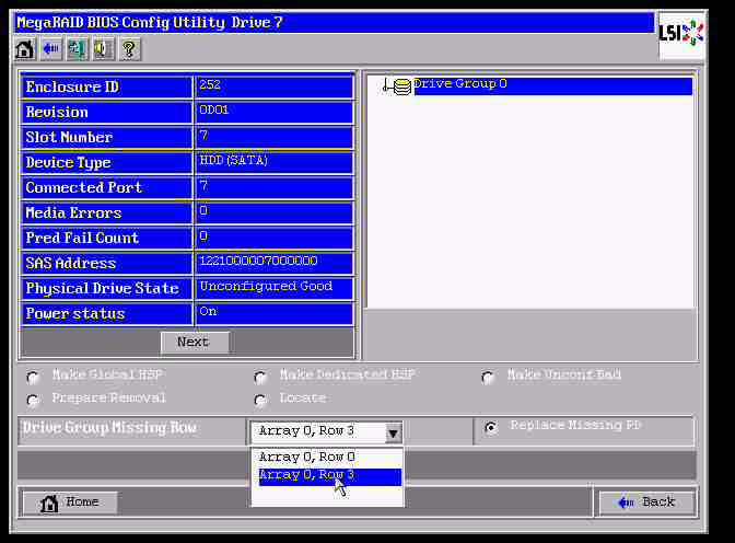 46 pl Załącznik 1400 Series IP Video Storage Array Przed skasowaniem obcej konfiguracji 2 dyski miały status missing (nieobecne), 2 dyski miały status foreign (obce).